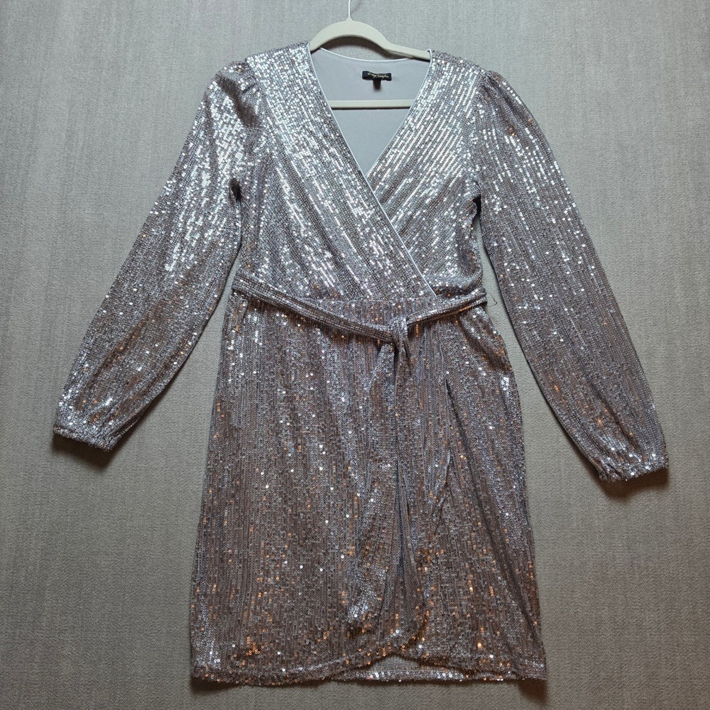 City Triangles Sequin Wrap Dress Women Large Silver Long Sleeve V-Neck Belted